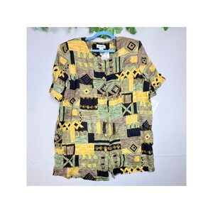 JW Treci Vintage 90s Abstract Geometric Rayon Button Up Shirt Yellow Green 20W